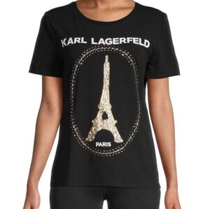 Karl Lagerfeld Black Tee with Gold Eiffel Tower Design
